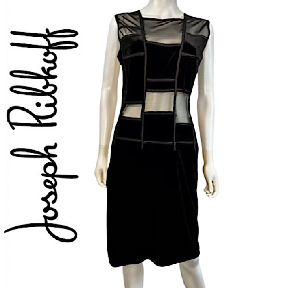 JOSEPH RIBKOFF.COUTURE.EUC.Gorgeous velour midi dress.Black & Sheer Colorblock.6